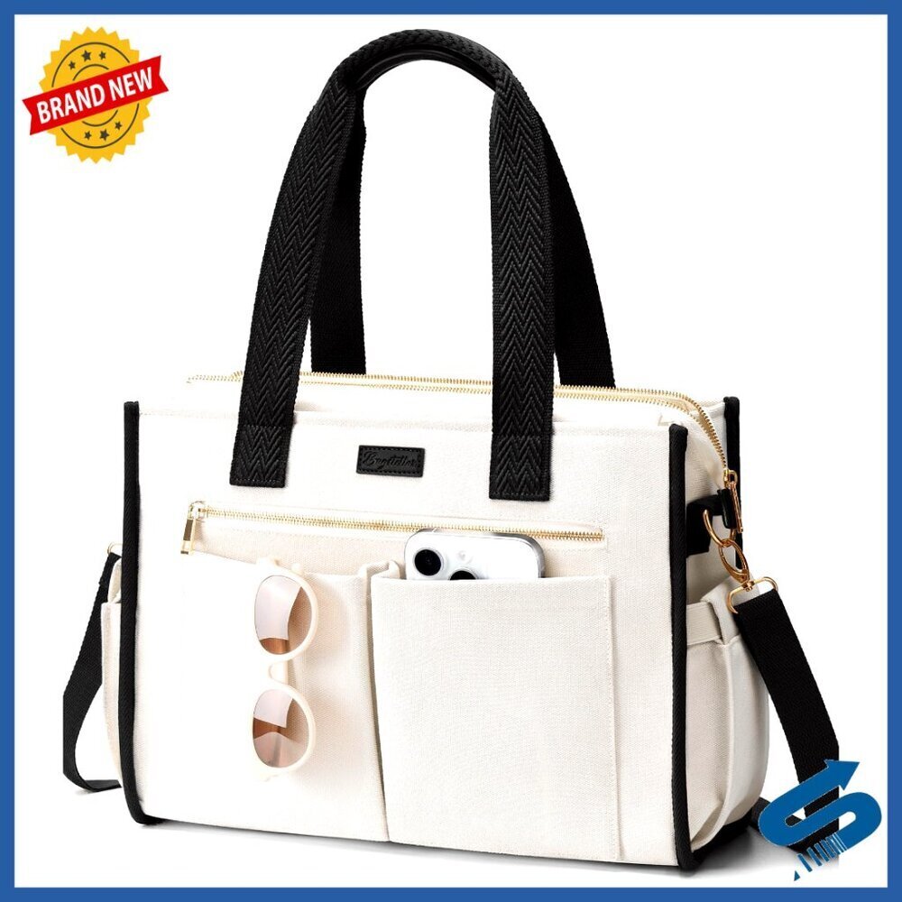 Canvas Tote Bag Multi-Pocket Laptop Work Travel Crossbody Shoulder Bag